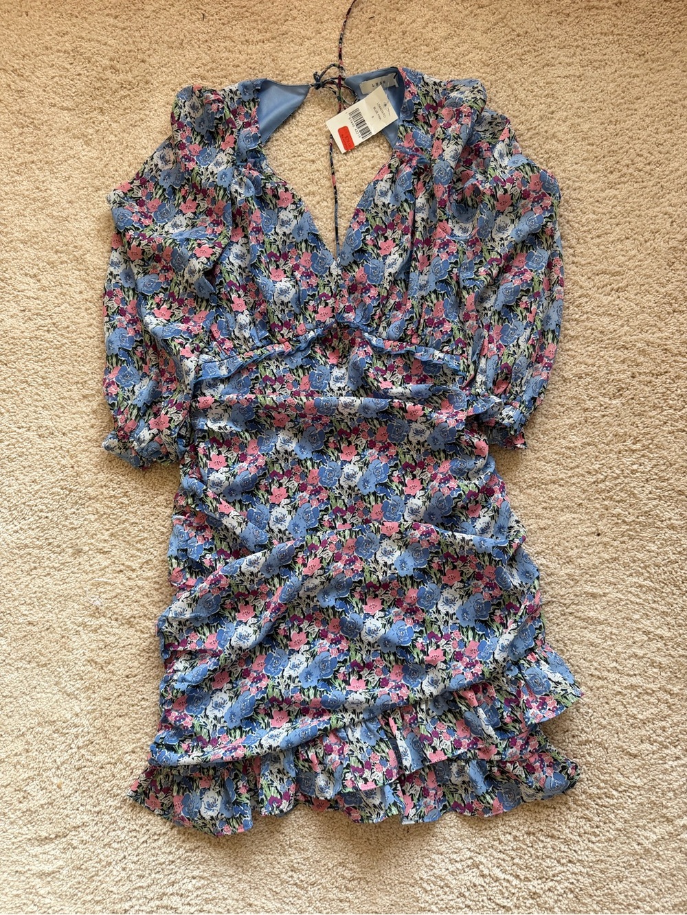 Floral Ruched Mini Dress in Blue and Pink